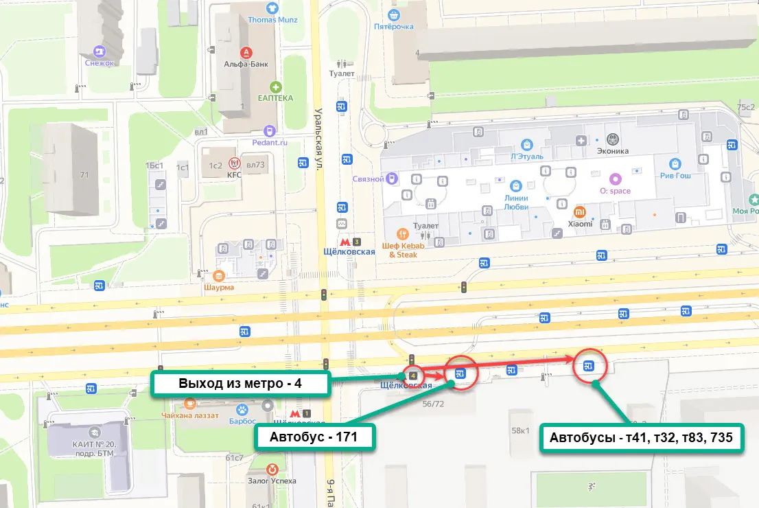 На схеме отображены места посадки на автобусы т41, т32, т83, 735 около Щелковского метро